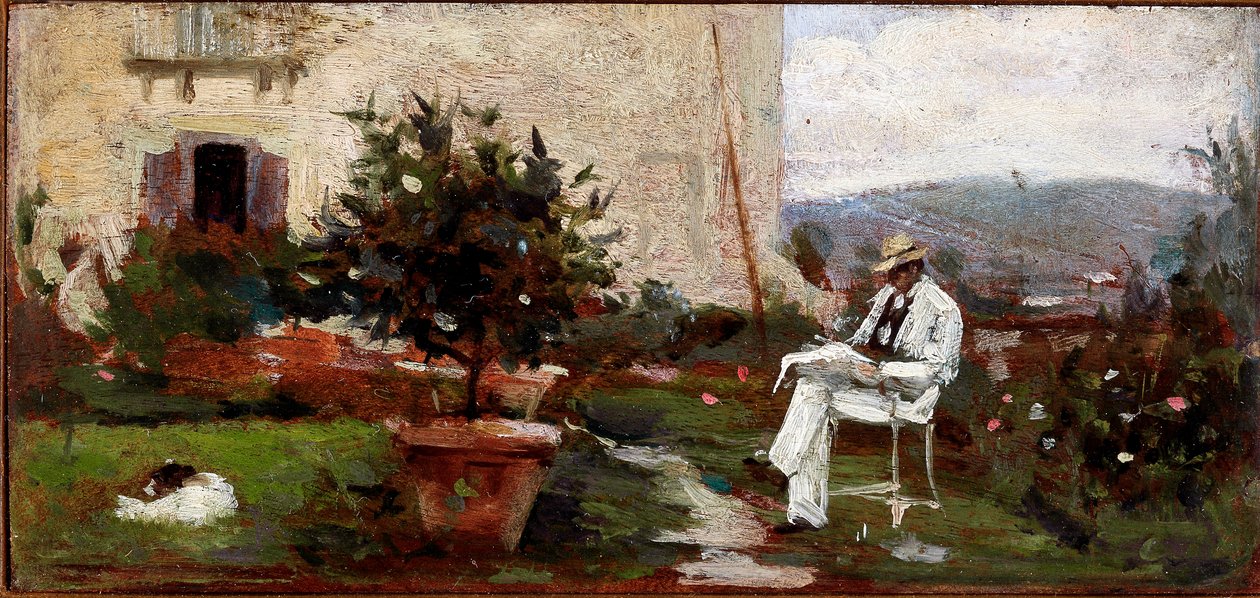 Luigi Tommasi bahçesinde (Tahta bir kutu üzerine resim yapıyor) by Silvestro Lega