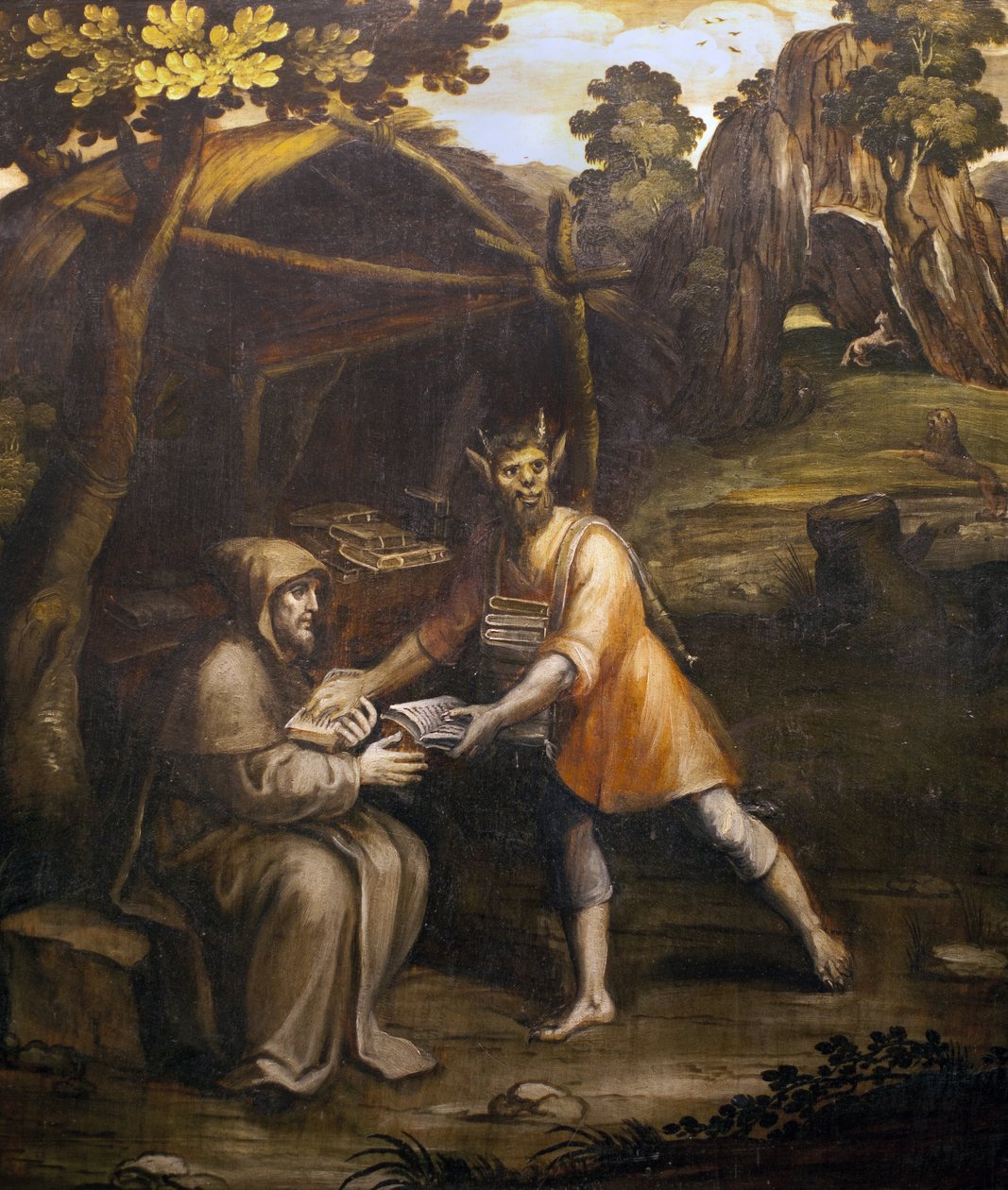 Şeytan kutsal kitapları alır ve yerine dünyevi kitaplar koyar; Simao Rodrigues (1560-1629); (Şeytan kutsal kitapları alır ve yerine dünyevi kitaplar koyar; paintong by Simao Rodrigues by Simao Rodrigues