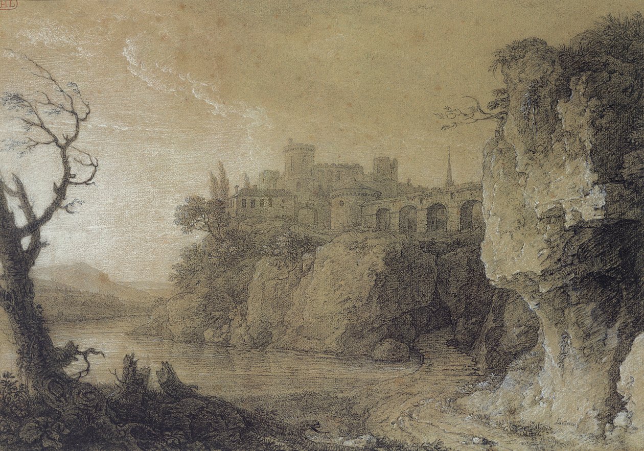 Nehir ve Müstahkem Köy ile manzara (kağıt üzerinde kömür ve beyaz tebeşir) by Simon Mathurin Lantara