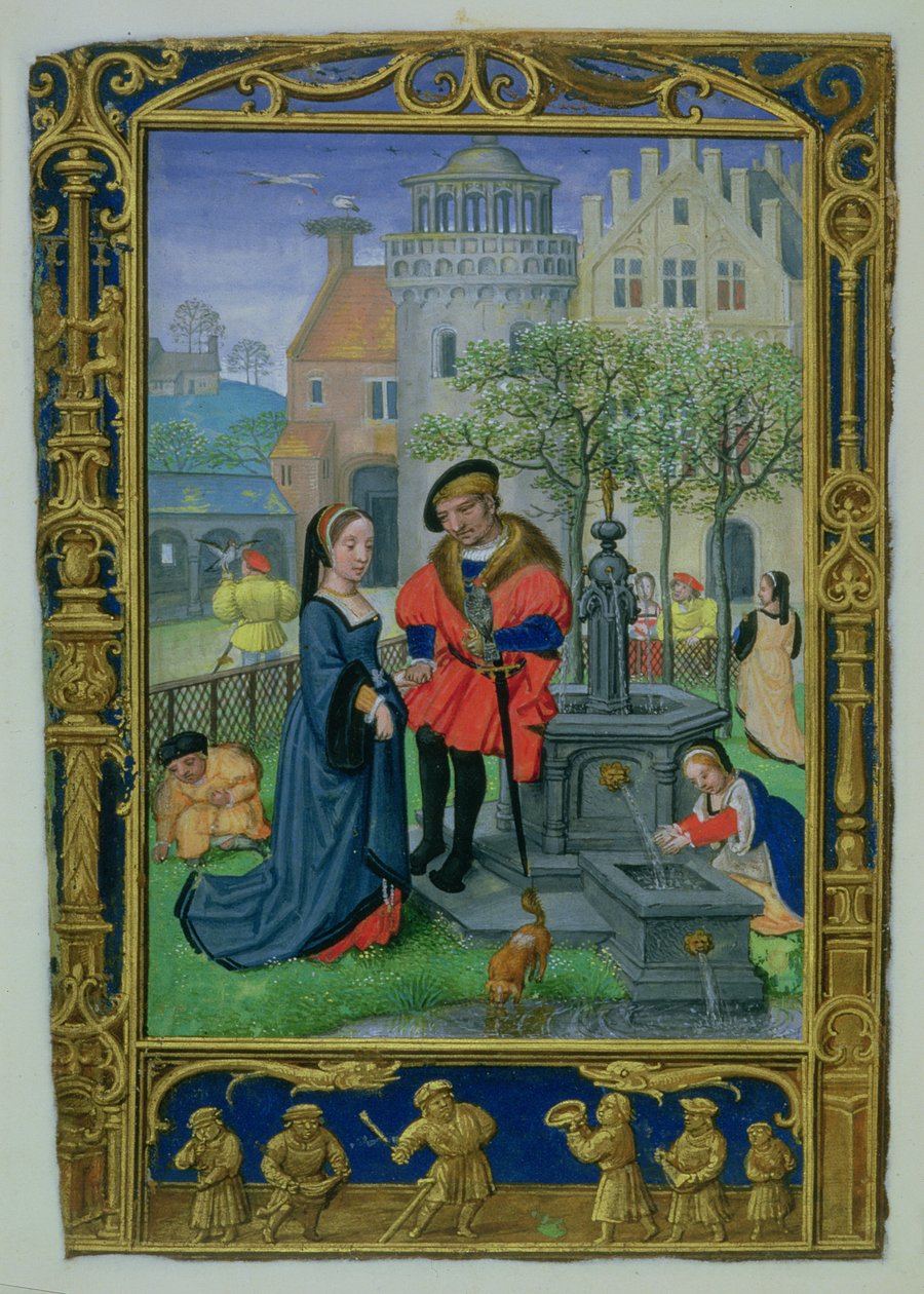 Ekle 24098 f.21v Nisan: Kur, Saatler Kitabı veya Golf Kitabından, c.1520-30 (parşömen) by Simon (workshop of) Bening