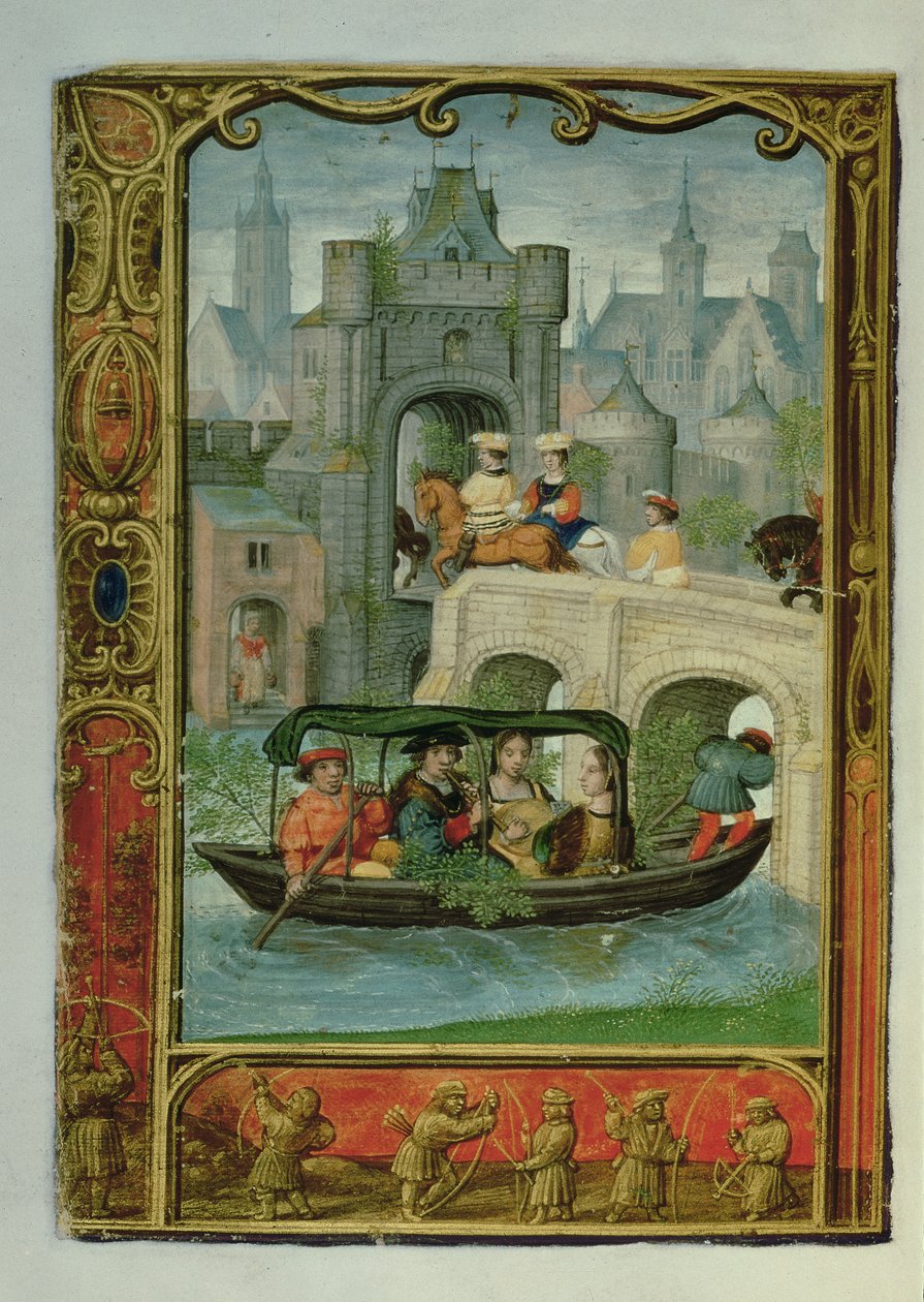 Add 24098 f.22v Mayıs: Bir Saatler Kitabından veya Golf Kitabından Bir Tekne Partisi ve Okçuluk, c.1520-30 (parşömen) by Simon (workshop of) Bening