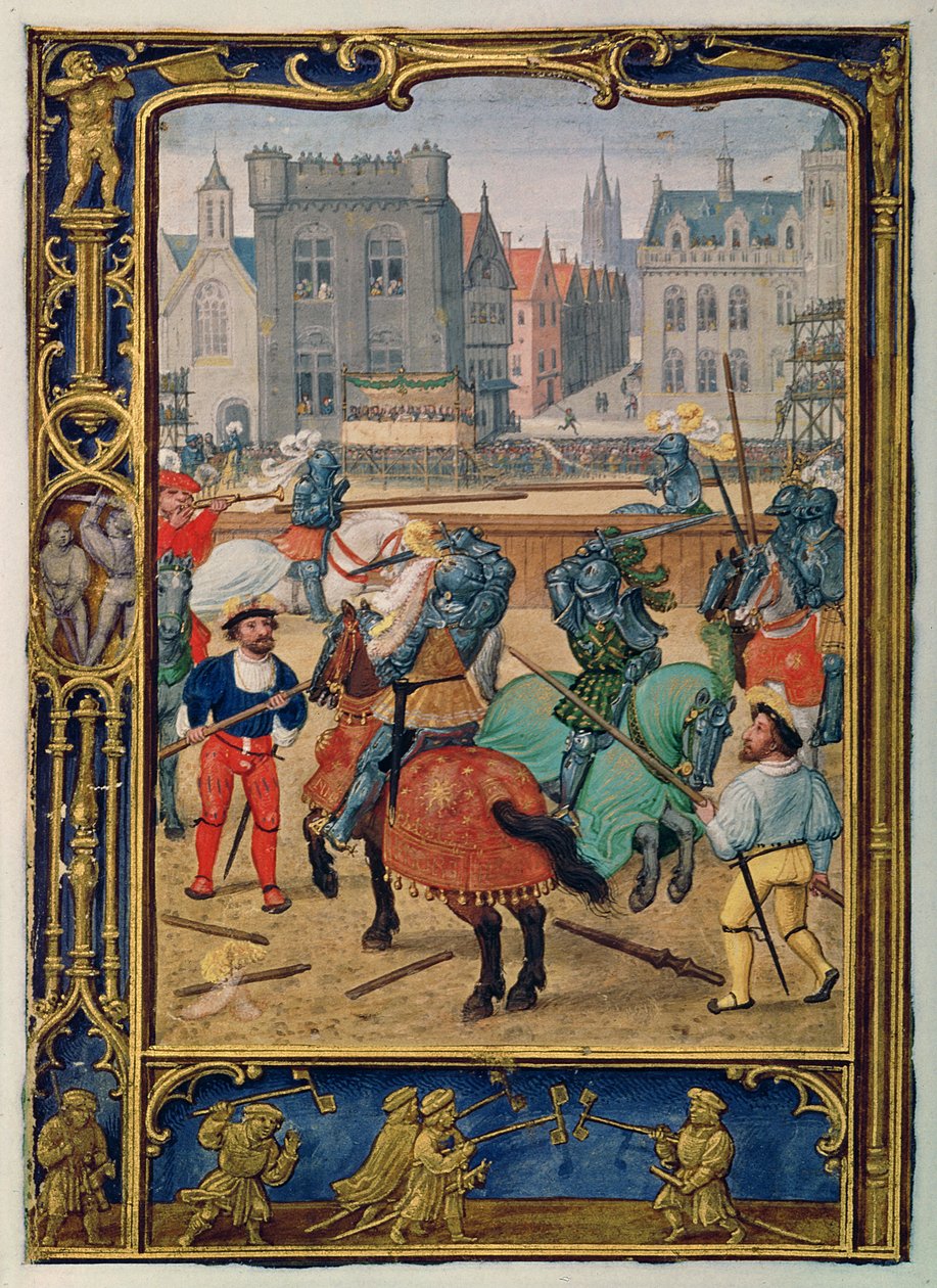 Ekle 24098 f.23v Haziran: Jousting ve hobi atlarıyla bir oyun, bir Saatler Kitabı veya Golf Kitabından, c.1520-30 (parşömen) by Simon (workshop of) Bening
