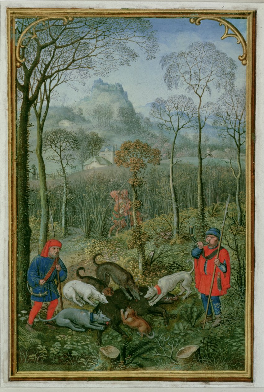 18855 f.108v Aralık: Domuzu öldürmek, bir Saatler Kitabından, c.1540 (parşömen) by Simon Bening