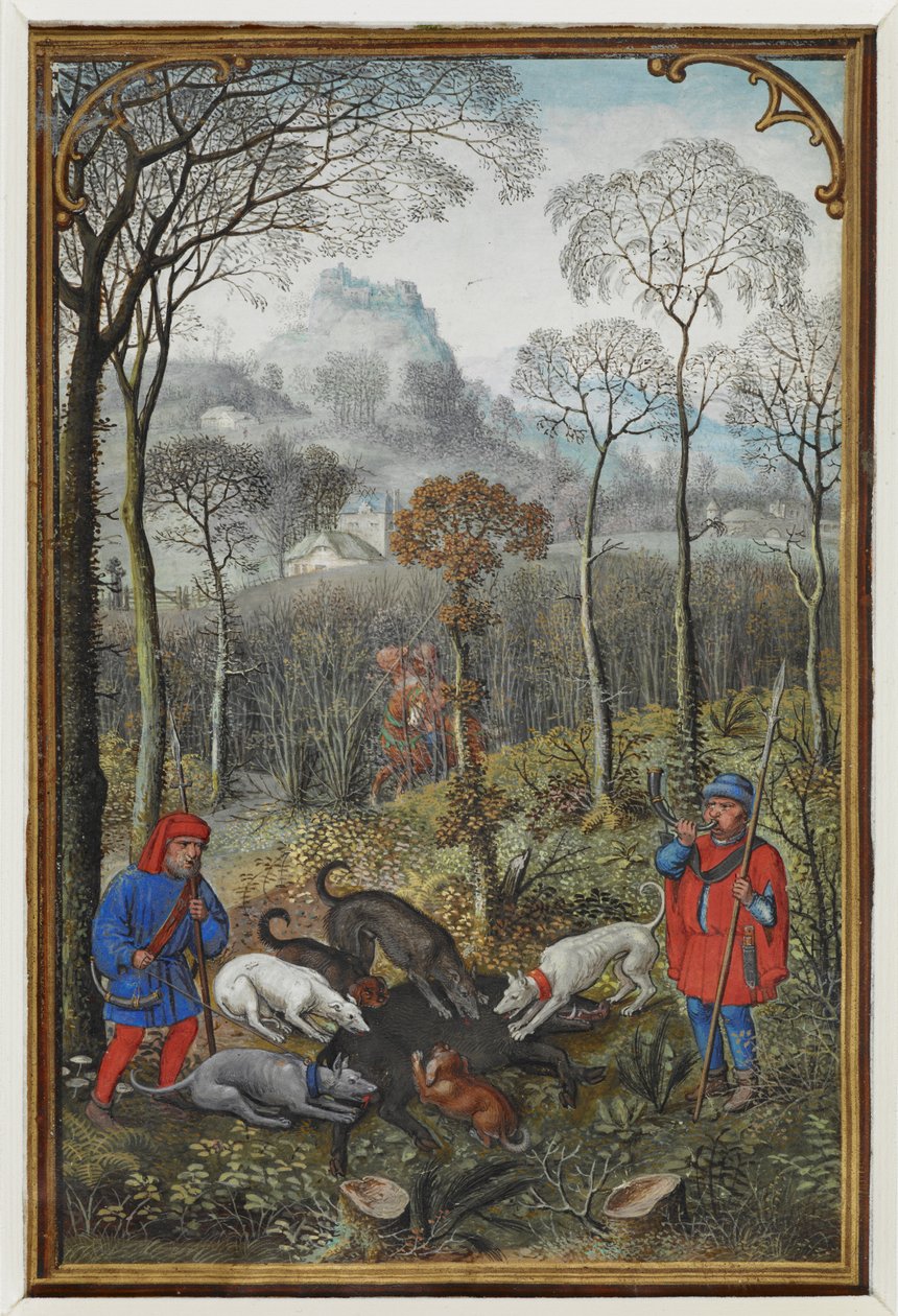 Domuz avı parşömeni gösteren Aralık için MS 18855 f.108v Takvim minyatürünü ekleyin) by Simon Bening
