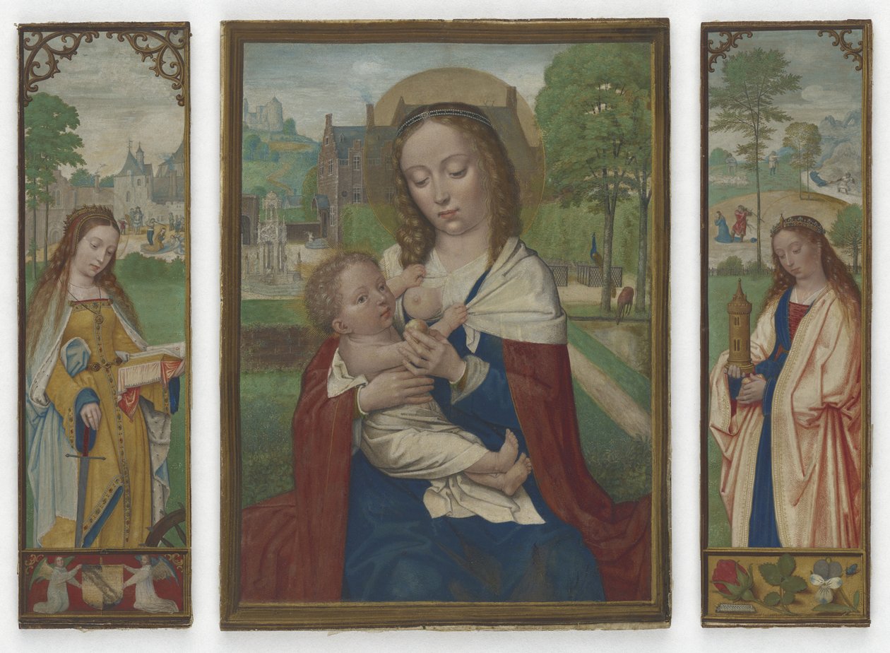 Bakire ve Çocuk; Aziz Catherine ve Barbara, c.1520 (parşömen üzerinde tempera) by Simon Bening