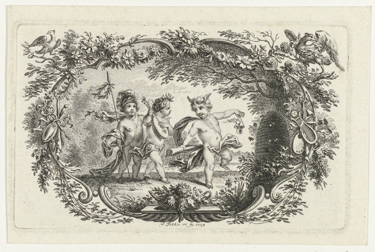 Bir arı kovanında üç putti by Simon Fokke