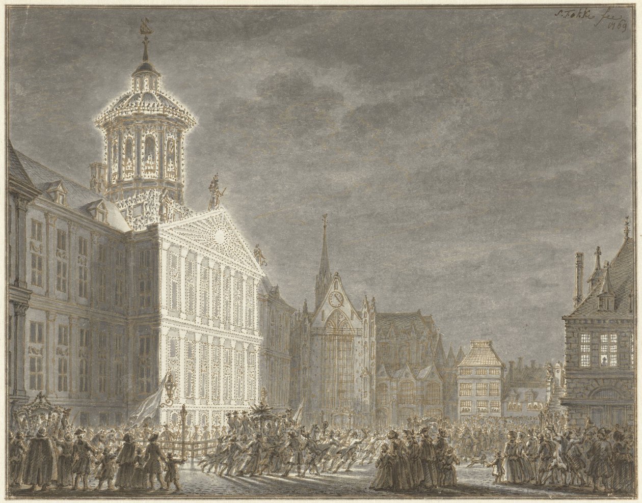 William V ve Prusyalı Wilhelmina için Belediye Binası'nın Aydınlatması, 1768 by Simon Fokke