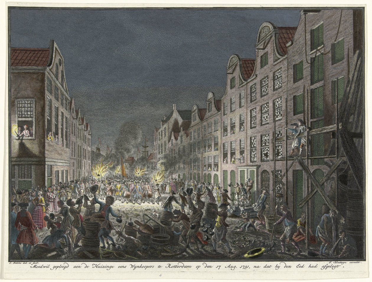 Bir şarap alıcısı Gerrit Hagedooren'in Rotterdam'daki evinin yağmalanması, 1751 Moedwill, 17 Ağustos'ta Rotterdam'daki bir zamanlar Wynkoopers'ın Huizinge'de işledi. 1751, yemin ettikten sonra (nesne üzerindeki başlık) by Simon Fokke