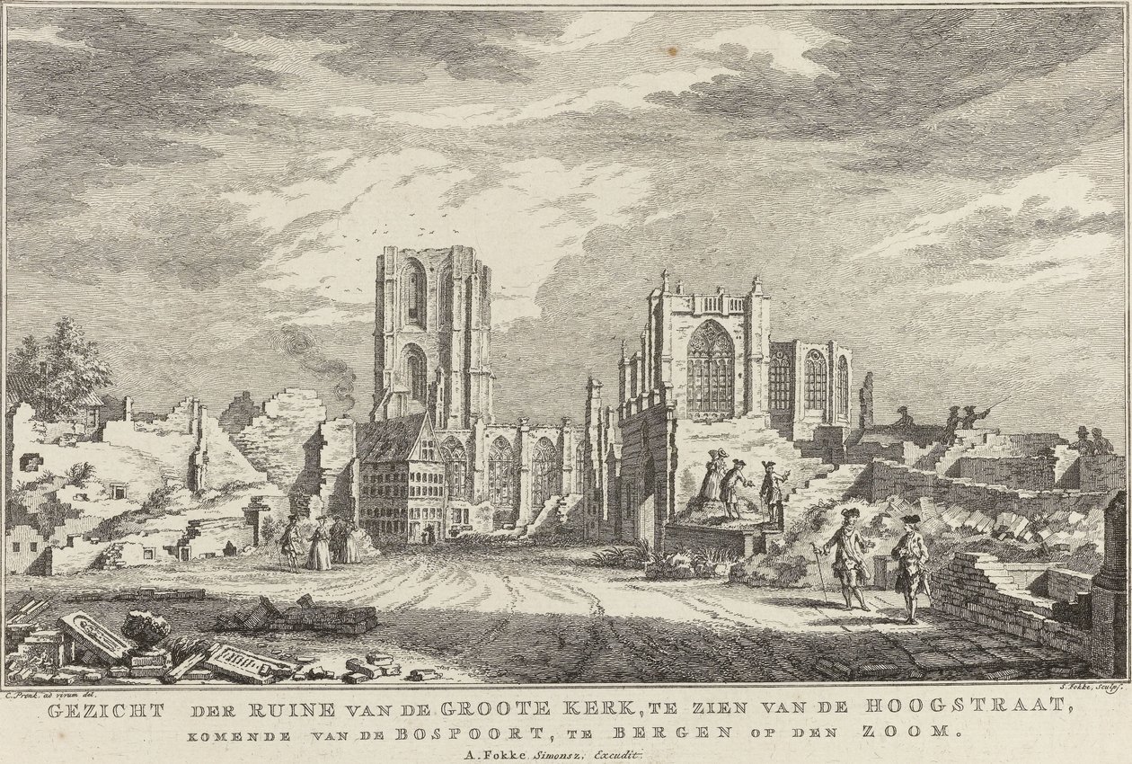Bergen op Zoom'daki Grote Kerk Harabeleri, 1748 Bergen op den Zoom'daki Bospoort'tan gelen Hoogstraat'tan görülen Groote Kerk kalıntılarının görünümü (nesne üzerindeki başlık) Kuşatma ve Bergen op Z'nin yok edilmesi by Simon Fokke