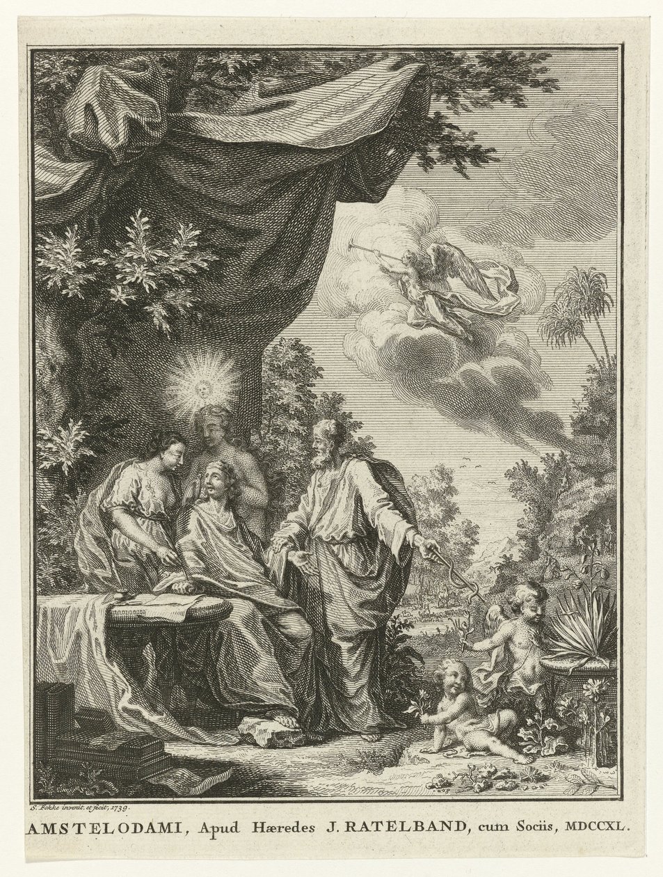Alegorik figürlerle çevrili yazar by Simon Fokke