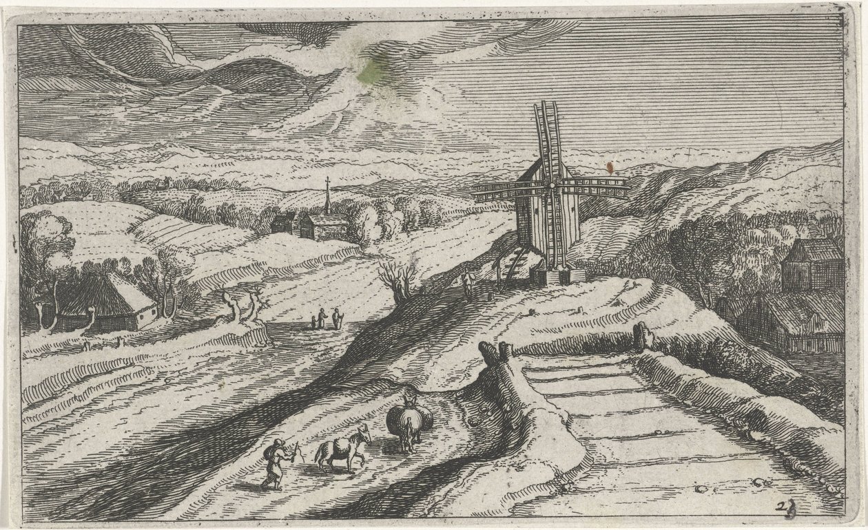 Bir yel değirmeni ile tepelik manzara Farklı manzaralar (dizi başlığı) Topographia variarum Regionum (dizi başlığı) by Simon Frisius (attributed to)