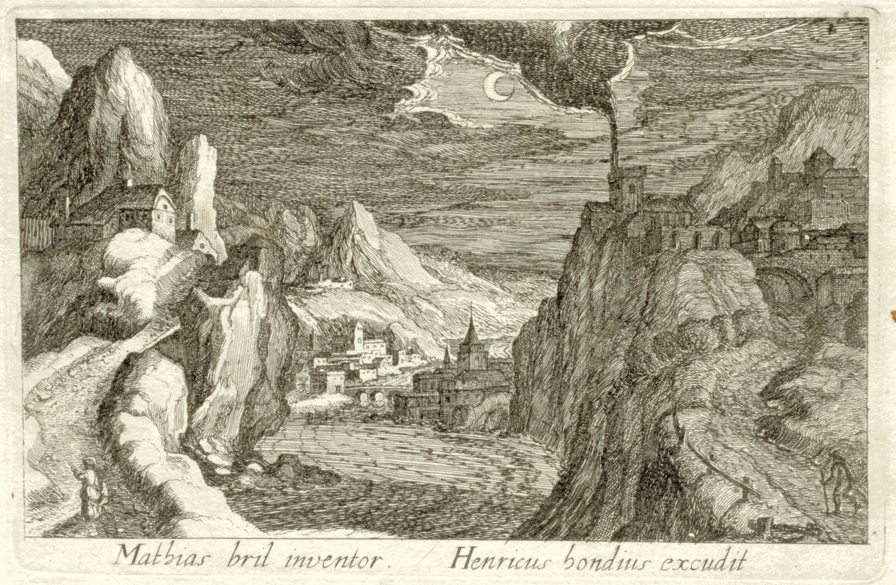 Ay ışığında nehir manzarası Farklı manzaralar (dizi başlığı) Topographia variarum Regionum (dizi başlığı) by Simon Frisius (attributed to)