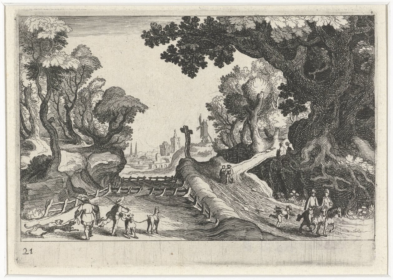 Bir yol boyunca bir haç ile orman manzarası Güney Avrupa manzaraları (dizi başlığı) Topographia variarum Regionum (dizi başlığı) by Simon Frisius