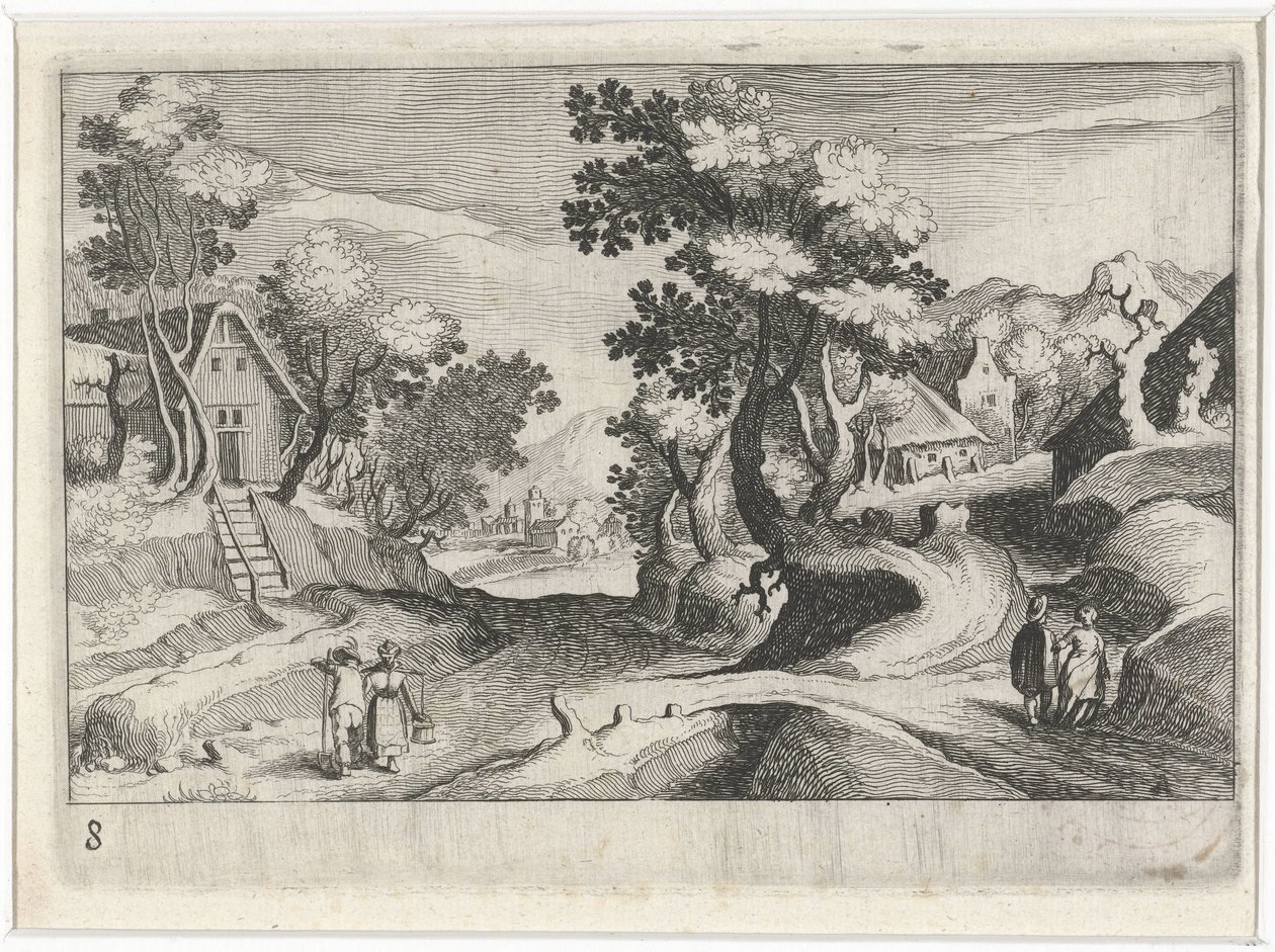 Binalar ve rakamlar ile ormanlık tepelik manzara Güney Avrupa manzaraları (dizi başlığı) Topographia variarum Regionum (dizi başlığı) by Simon Frisius