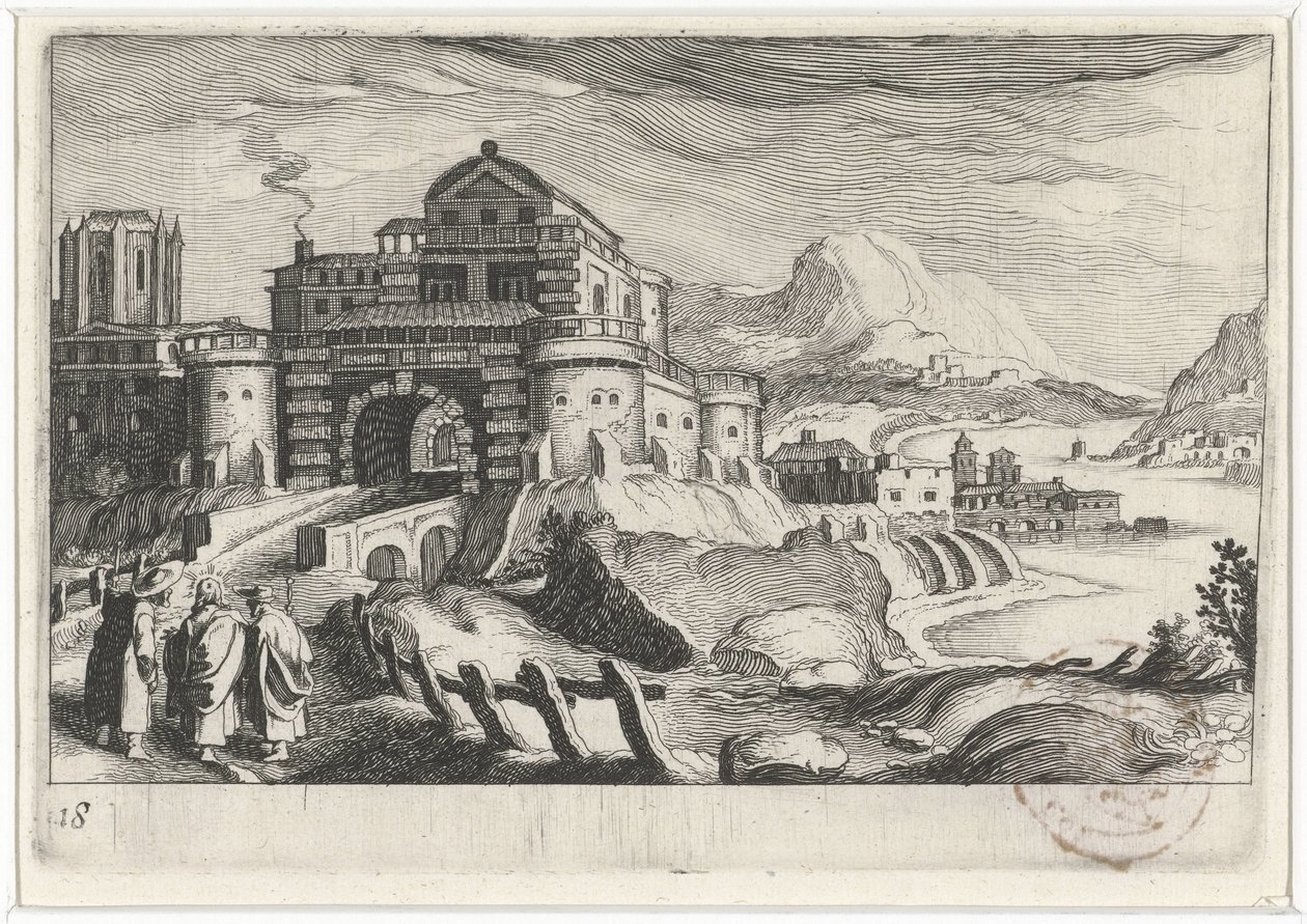 Bir dağ manzarasında bir şehir kapısının önünde Emmäus insanları Güney Avrupa manzaraları (dizi başlığı) Topographia variarum Regionum (dizi başlığı) by Simon Frisius