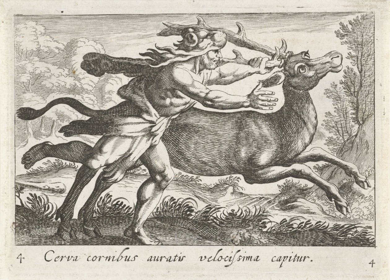Hercules vangt de hinde van Cerynea Geyik en hızlı yaldızlı boynuzlara yakalanır (nesne üzerindeki başlık) Herkül
