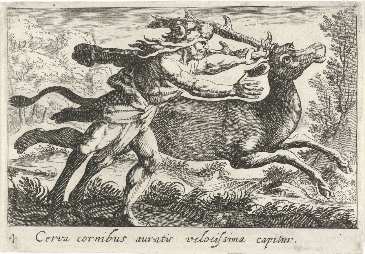 Hercules vangt de hinde van Cerynea Geyik en hızlı yaldızlı boynuzlara yakalanır (nesne üzerindeki başlık) Herkül