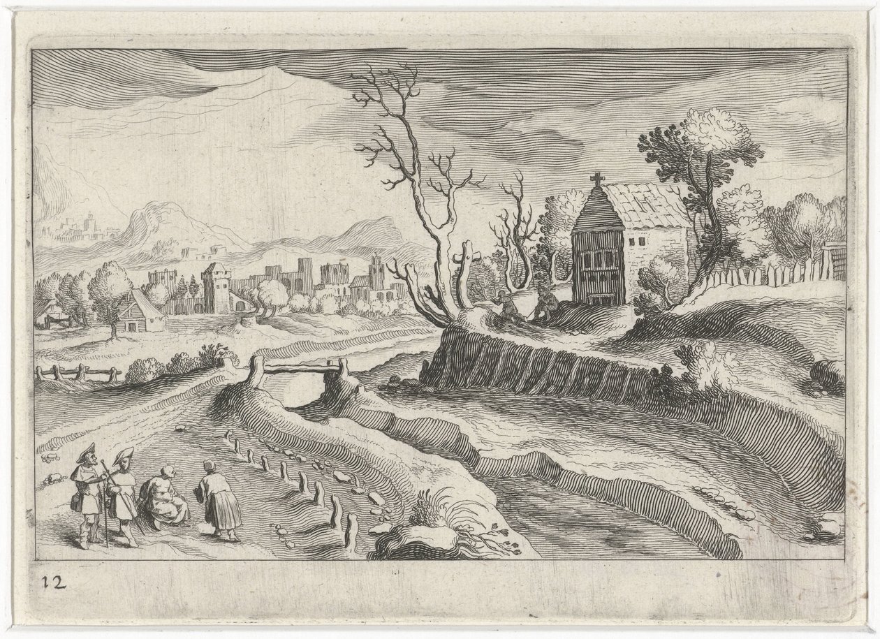 Bir şapel ile tepelik manzara Güney Avrupa manzaraları (dizi başlığı) Topographia variarum Regionum (dizi başlığı) by Simon Frisius