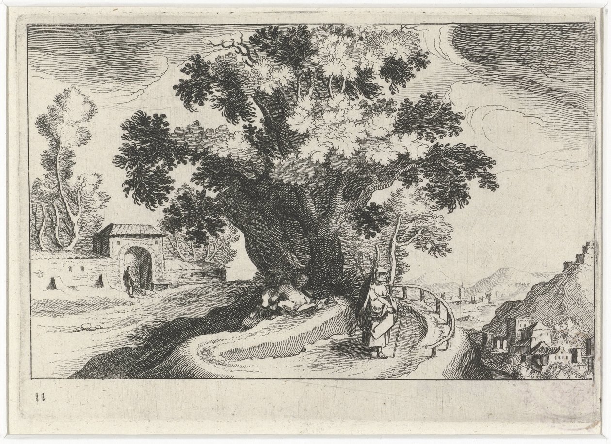 Bir ağacın altında sevişen tepelik bir manzara Güney Avrupa manzaraları (dizi başlığı) Topographia variarum Regionum (dizi başlığı) by Simon Frisius