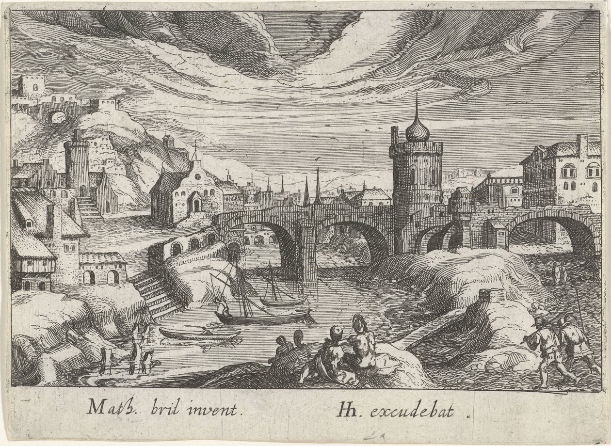 Bir nehir ile şehir manzarası Farklı manzaralar (dizi başlığı) Topographia variarum Regionum (dizi başlığı) by Simon Frisius