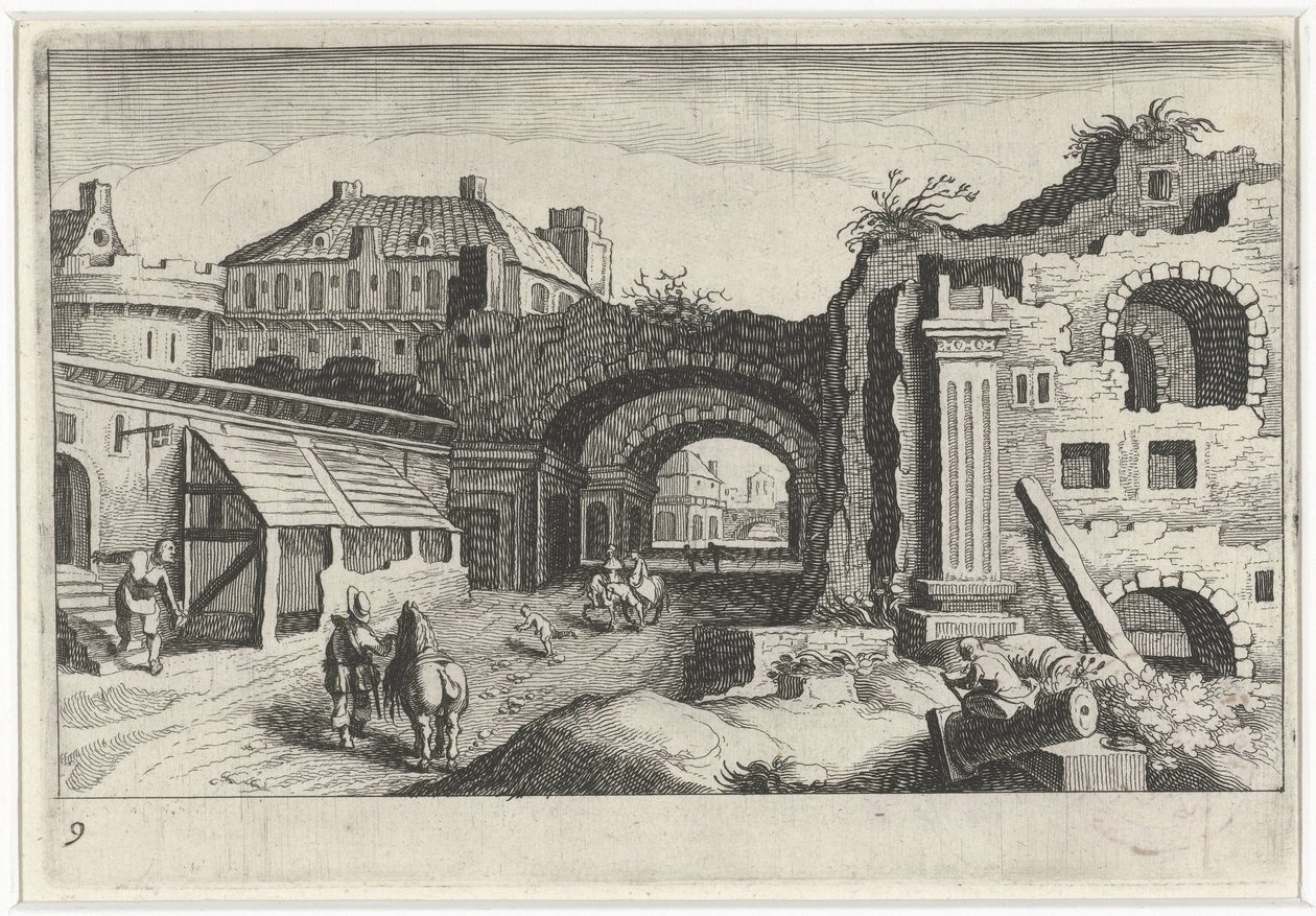 Bir harabe ile şehir manzarası Güney Avrupa manzaraları (dizi başlığı) Topographia variarum Regionum (dizi başlığı) by Simon Frisius