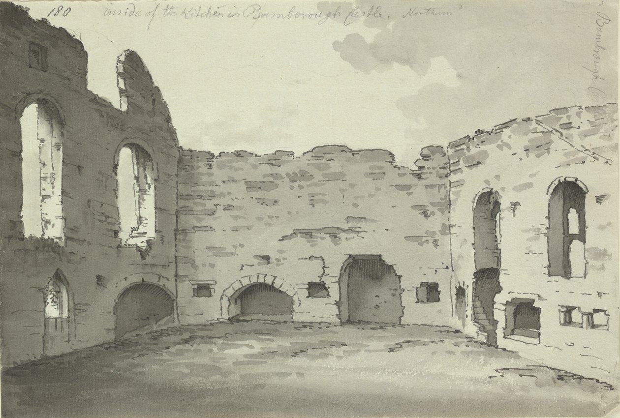 Bamburgh Kalesi, mutfak kalıntıları, Add. 15542, f.180, c.1780 (kağıt üzerinde kalem ve mürekkep yıkama) by Simon H. Grimm