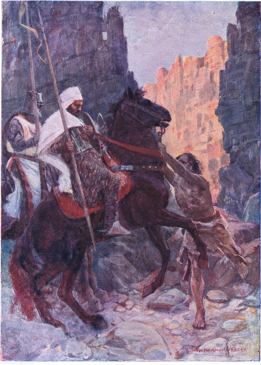Keçi postu giymiş uzun boylu bir adam yolun ortasına fırladı ve her iki elinde de Sarazen'in dizginlerinin dizginlerini ele geçirdi. by Simon Harmon Vedder