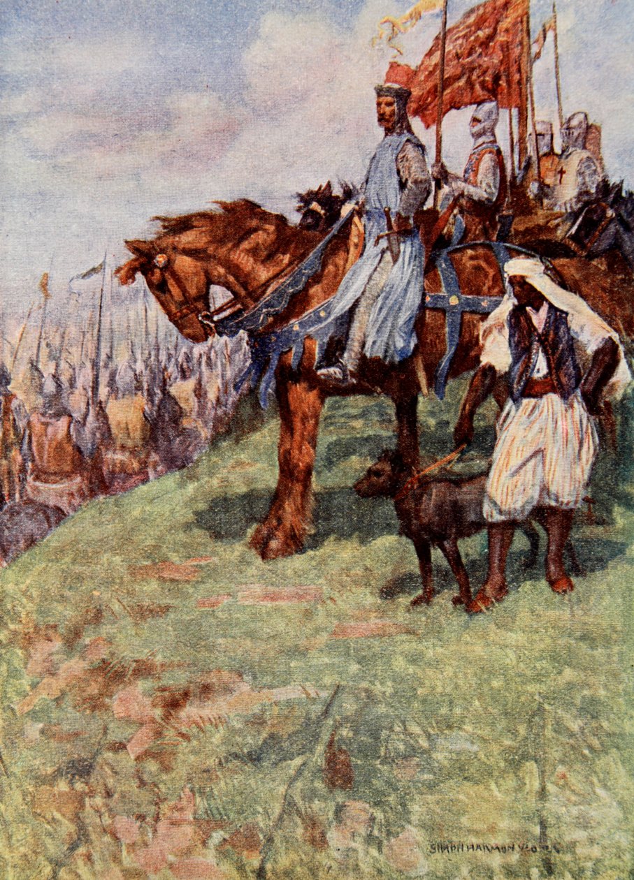 At sırtında oturan Aslan Yürekli, yanında, tasmalı bir tazı tutan Nübyeli köle duruyordu, Sir Walter Scott