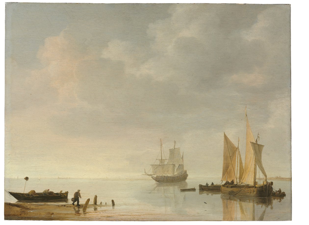 Sakin sularda dinlenen gemilerle kıyı sahnesi by Simon Jacobsz. Vlieger