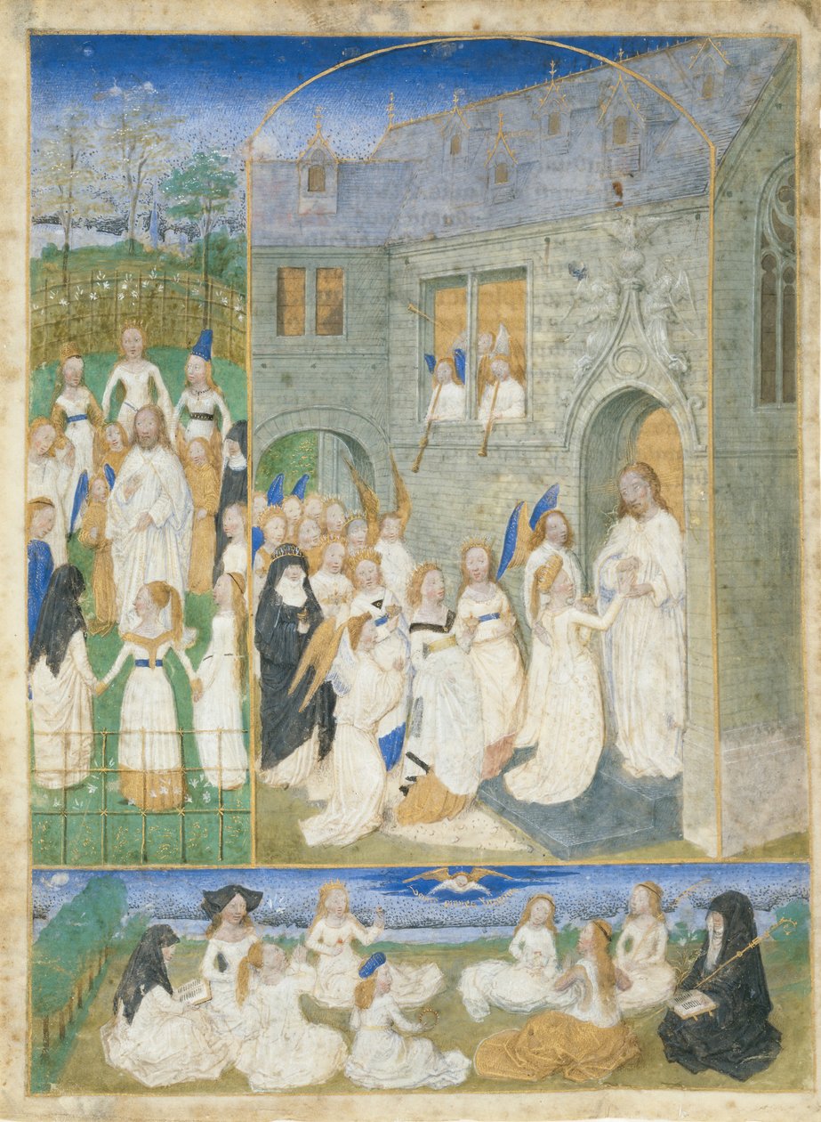 Kutsal Bakireler, Cennetin Kapılarına Girerken İsa Tarafından Karşılandılar, M.Ö. 1467-70. by Simon Marmion