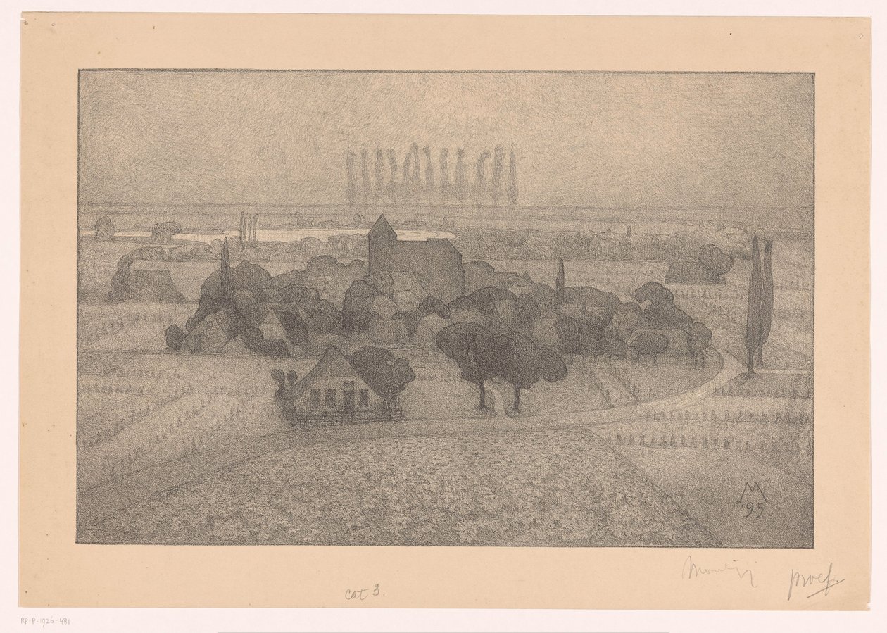 Alacakaranlık nehrinin yanında bir köyle manzara (orijinal başlık) by Simon Moulijn (signed by artist)