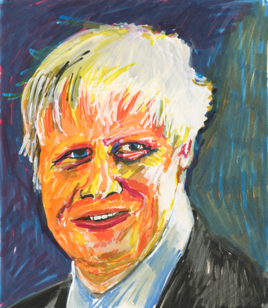 Boris Johnson, 2019 (kağıt üzerine mürekkep ve akrilik boya kalemleri) by Simon Neville