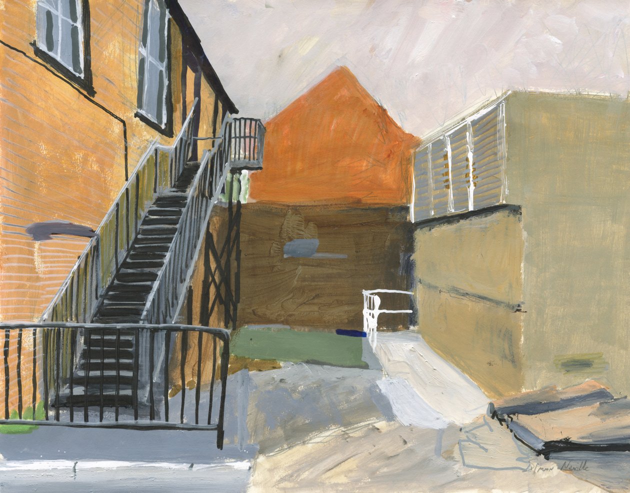 Küçük Avlu, Wandsworth, 2025 (akrilik, akrilik boya kalemleri, çini mürekkepli kalemler, yağlı mürekkepli kalemler ve kağıt üzerine grafit) by Simon Neville