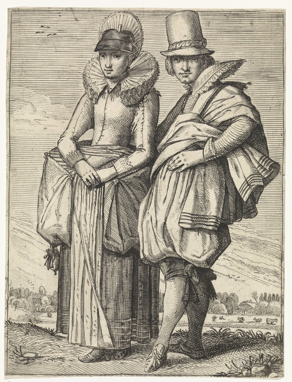 Yaklaşık 1625 modasına göre giyinmiş kadın ve erkek by Simon Poelenburg (attributed to)