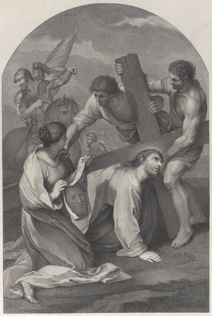 İsa, iki adamın yardım ettiği çarmıhın ağırlığı altında yere düştü ve ..., yakl. 1729. by Simon Vallee