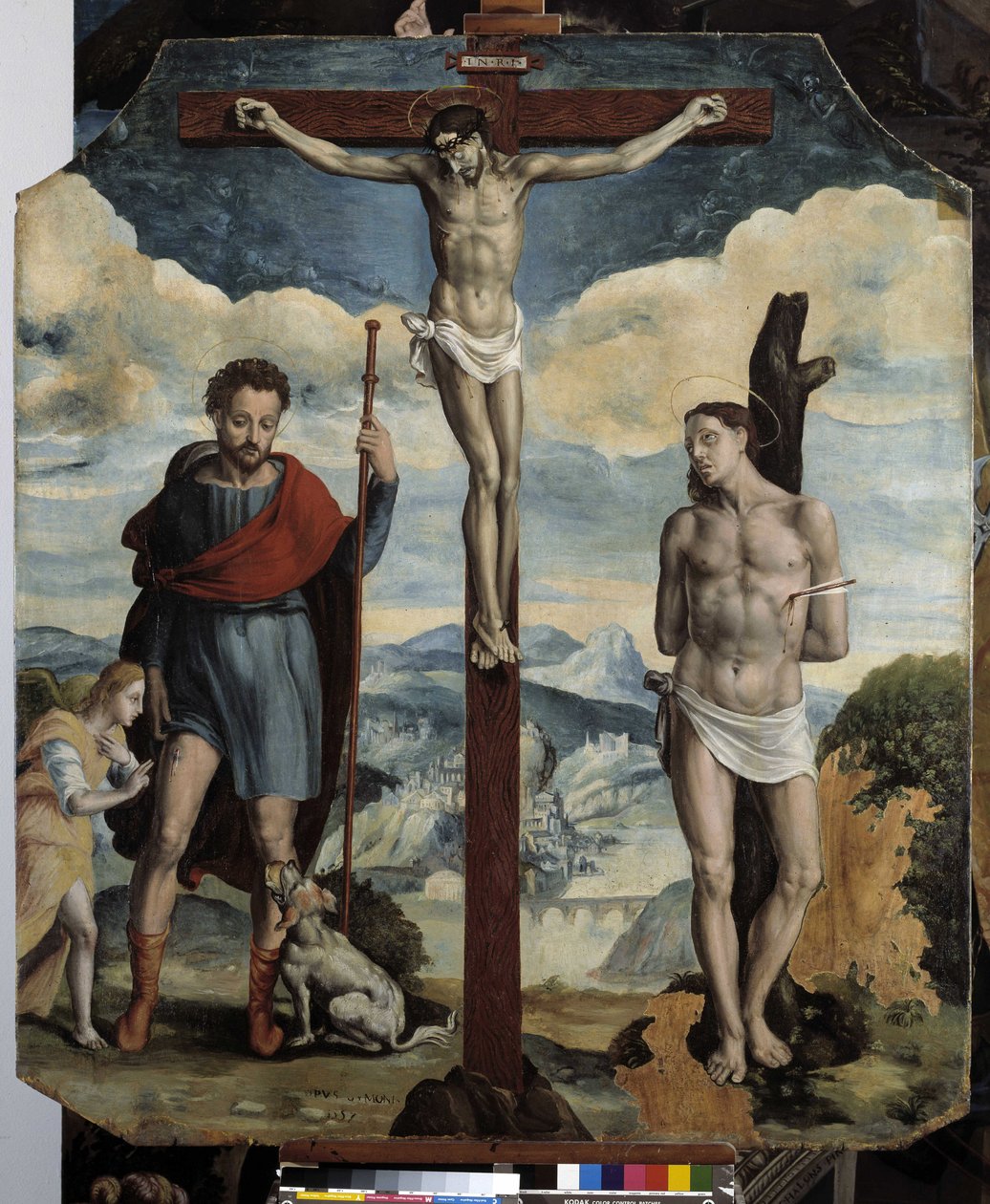St. Roch ve St. Sebastian ile çarmıha gerilme (ahşap üzerine yağlı boya) by Simon de Châlons