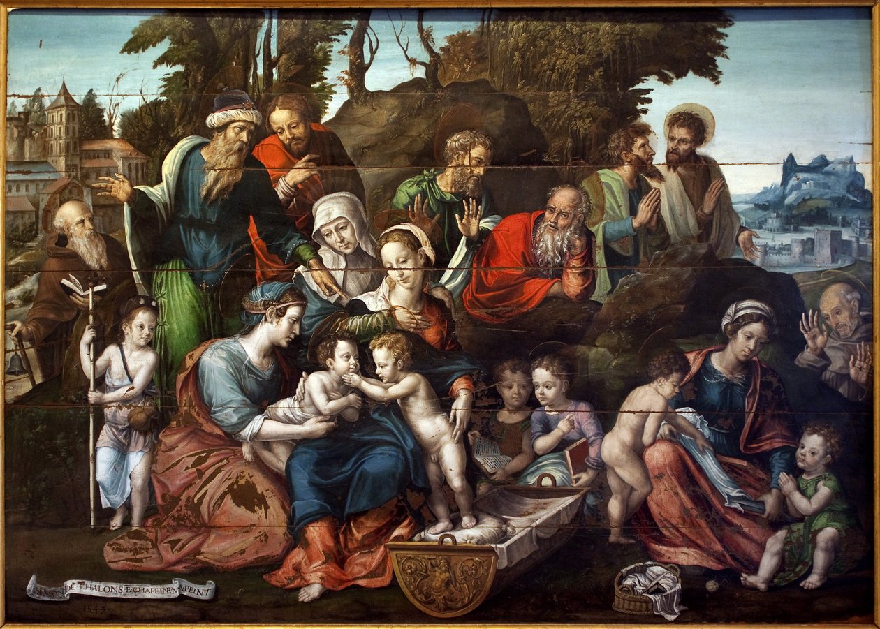 Kutsal Ebeveyn. (Aziz Anne, birbirini izleyen üç kocası Salome (işaret parmağı sivri mavi tunik), Cleophas (kırmızı ceketli, Marie Cleophas'ın babası) ve Bakire'nin babası Joachim (kırmızı ceket, baş yumruğa dayalı) ile çevrilidir. . by Simon de Châlons