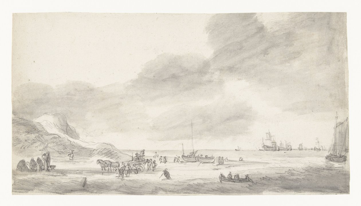 Kabuklu balıkçılar ve yürüyüşçüler ile plaj sahnesi by Simon de Vlieger (possibly)