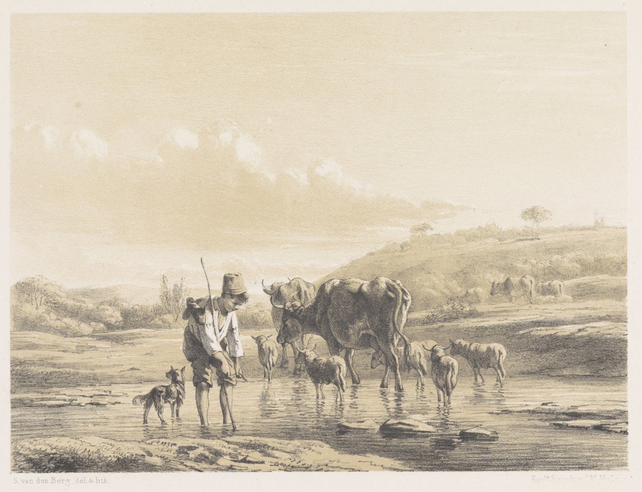 Sığ suda sürü ile çoban çocuk by Simon van den Berg