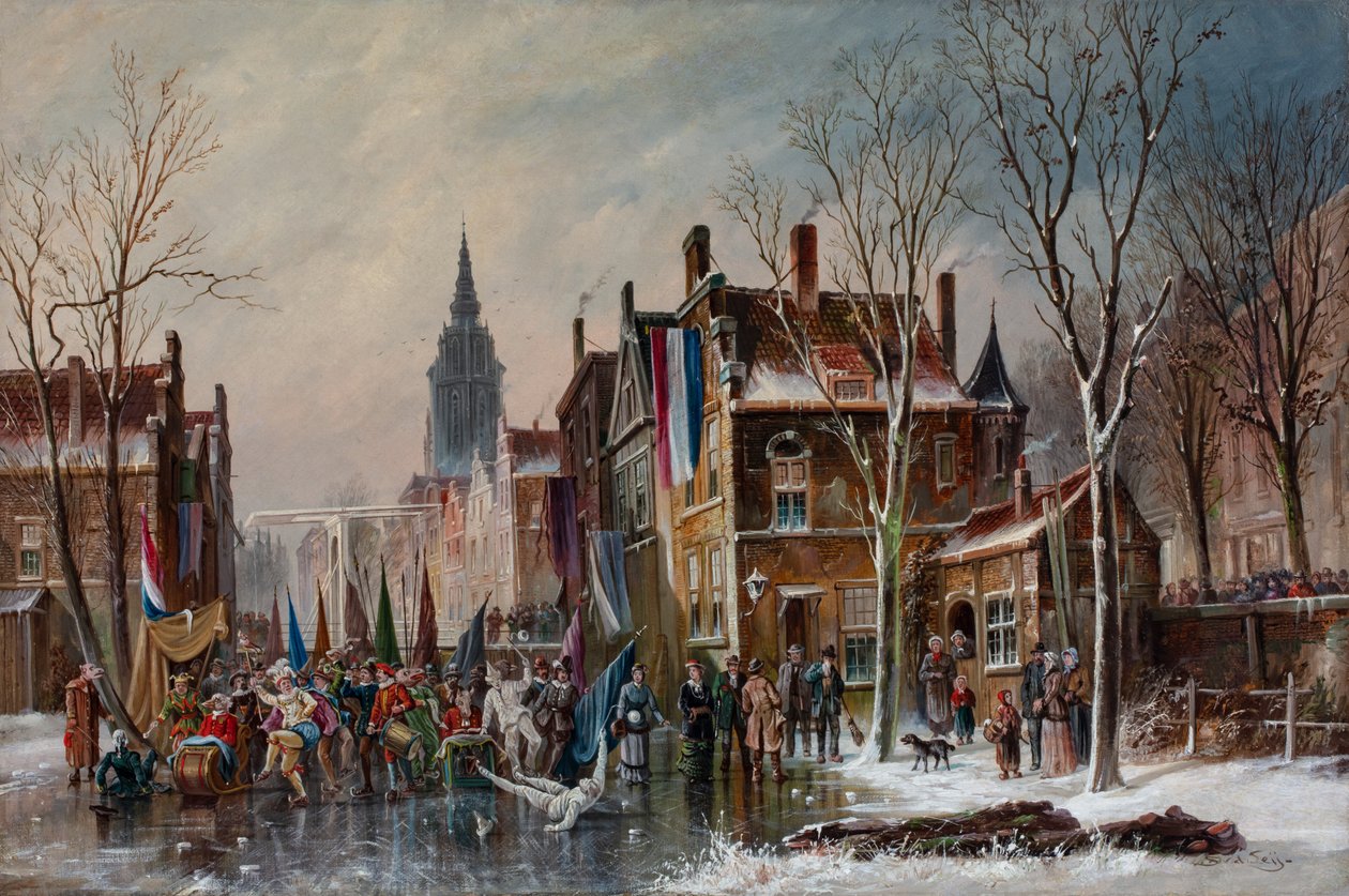 Donmuş Kanal Üzerinde Karnaval Geçit Töreni, c.1840-60 (tuval üzerine yağlıboya) by Simon van der Ley