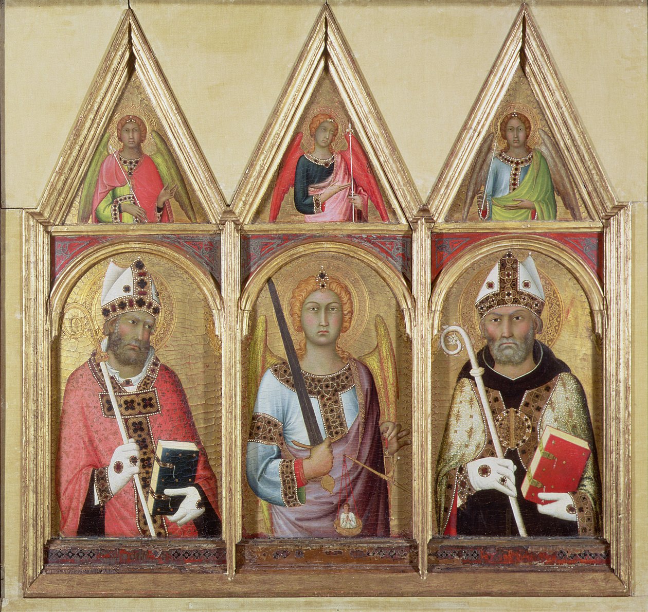 St. Geminianus, St. Michael ve St. Augustine, c.1319 (panelde altın olan tempera) (ayrıntılar 58834 ve 58836) by Simone Martini