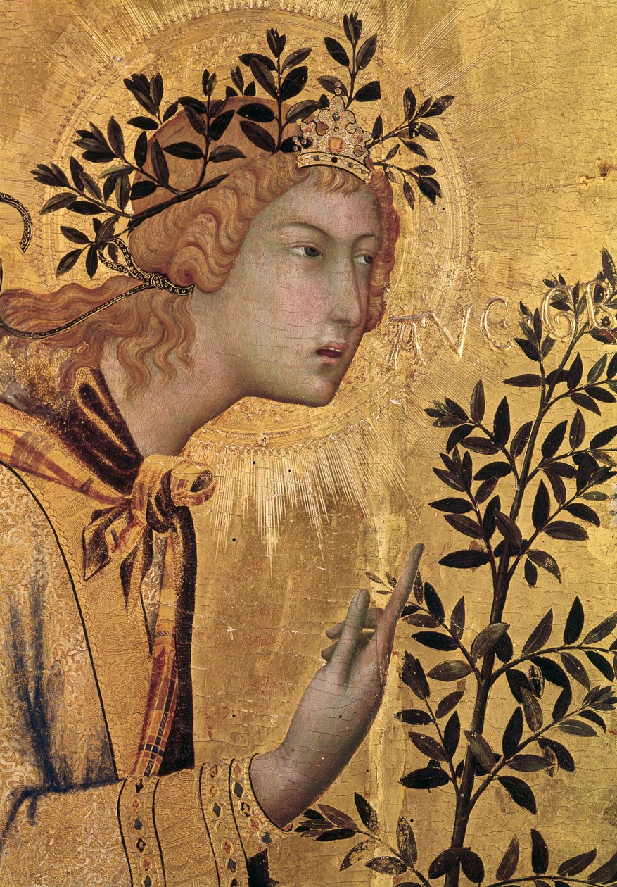 The Annunciation with St. Margaret and St. Asano, detail of the Archangel Gabriel, 1333 (tempera on panel) (detail of 50322) by Simone Martini
