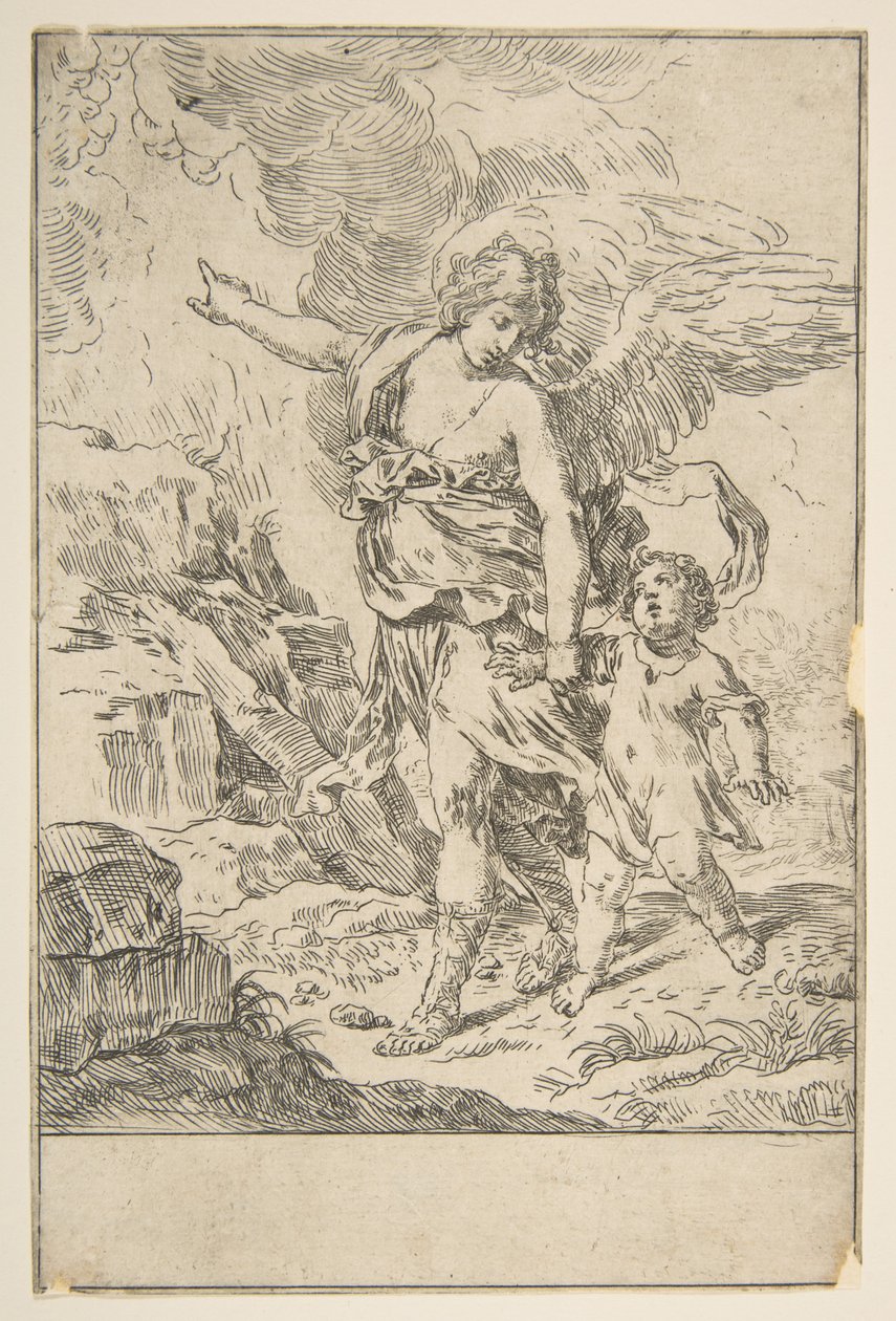 Bir çocukla yürüyen bir koruyucu melek, ca. 1640. by Simone Cantarini