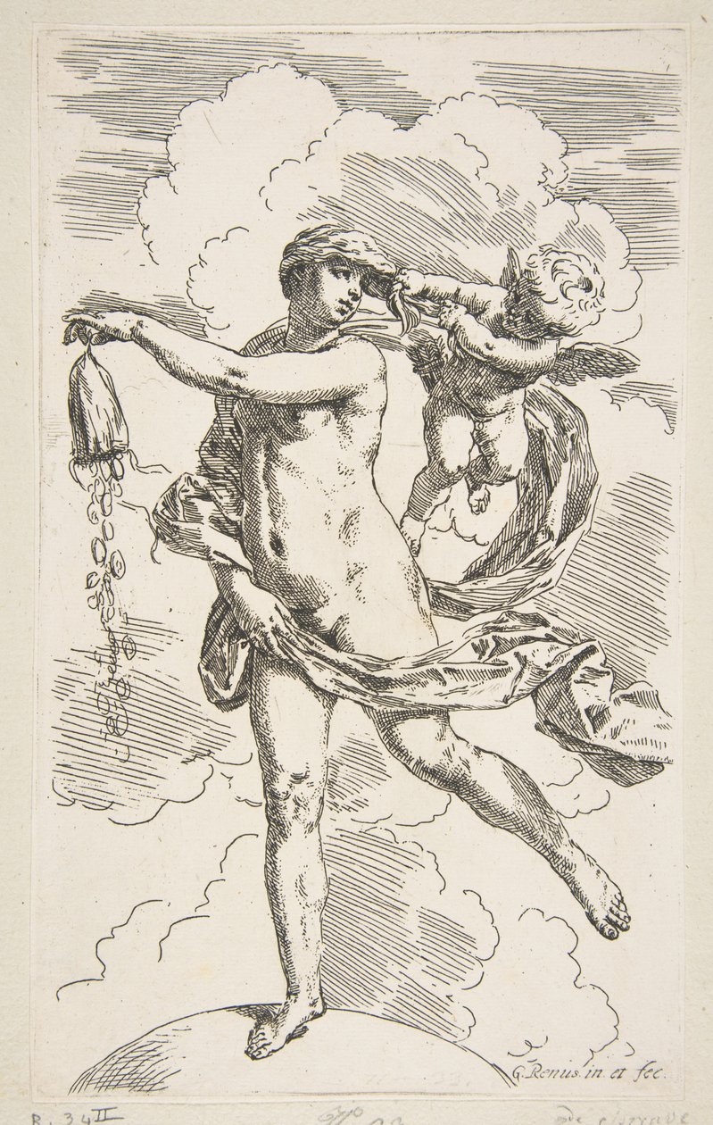 Bir kese bozuk para boşaltan bir küre üzerinde duran servet, ca. 1635-1636. by Simone Cantarini