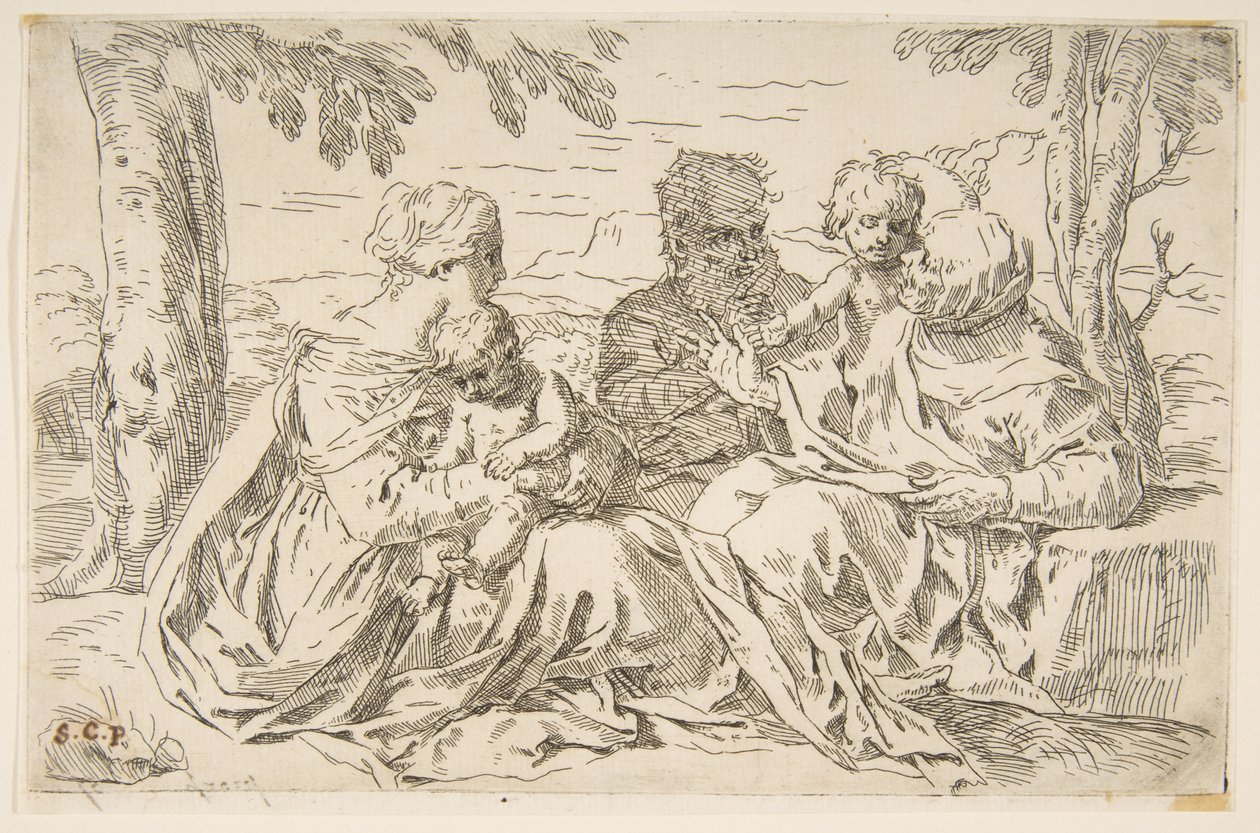 Aziz Elizabeth ve Vaftizci Yahya ile Kutsal Aile, ca. 1639. by Simone Cantarini