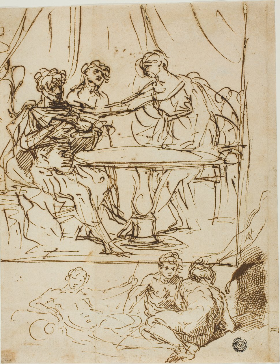 Judith, Holofernes Başkanı ve Nehir Tanrıları Eskizleri (rekto); Kadın Başı, Yukarı Bakıyor (verso) by Simone Cantarini