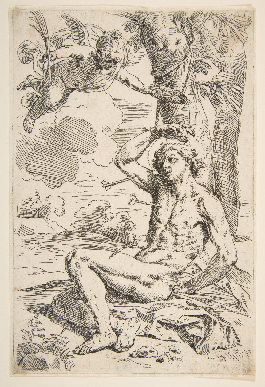 Aziz Sebastian oklarla deldi ve bir ağaca bağladı, yaklaşık. 1639. by Simone Cantarini