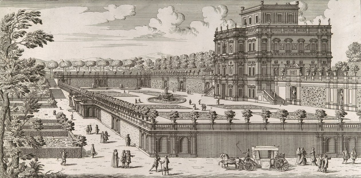 Palazzo Pamphili'nin yan cephesinin ve bahçesinin Secondo prospetto pe ..., 1677'den sonra görünümü. by Simone Felice