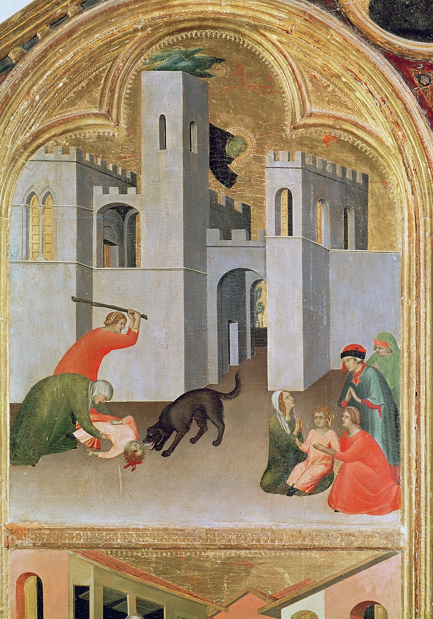 Agostino Novella, Köpek Tarafından Isırılan Bir Çocuğu Kurtarmak, Kutsanmış Agostino Novello Altarpiece'den detay, c.1328 (panelde tempera) by Simone Martini