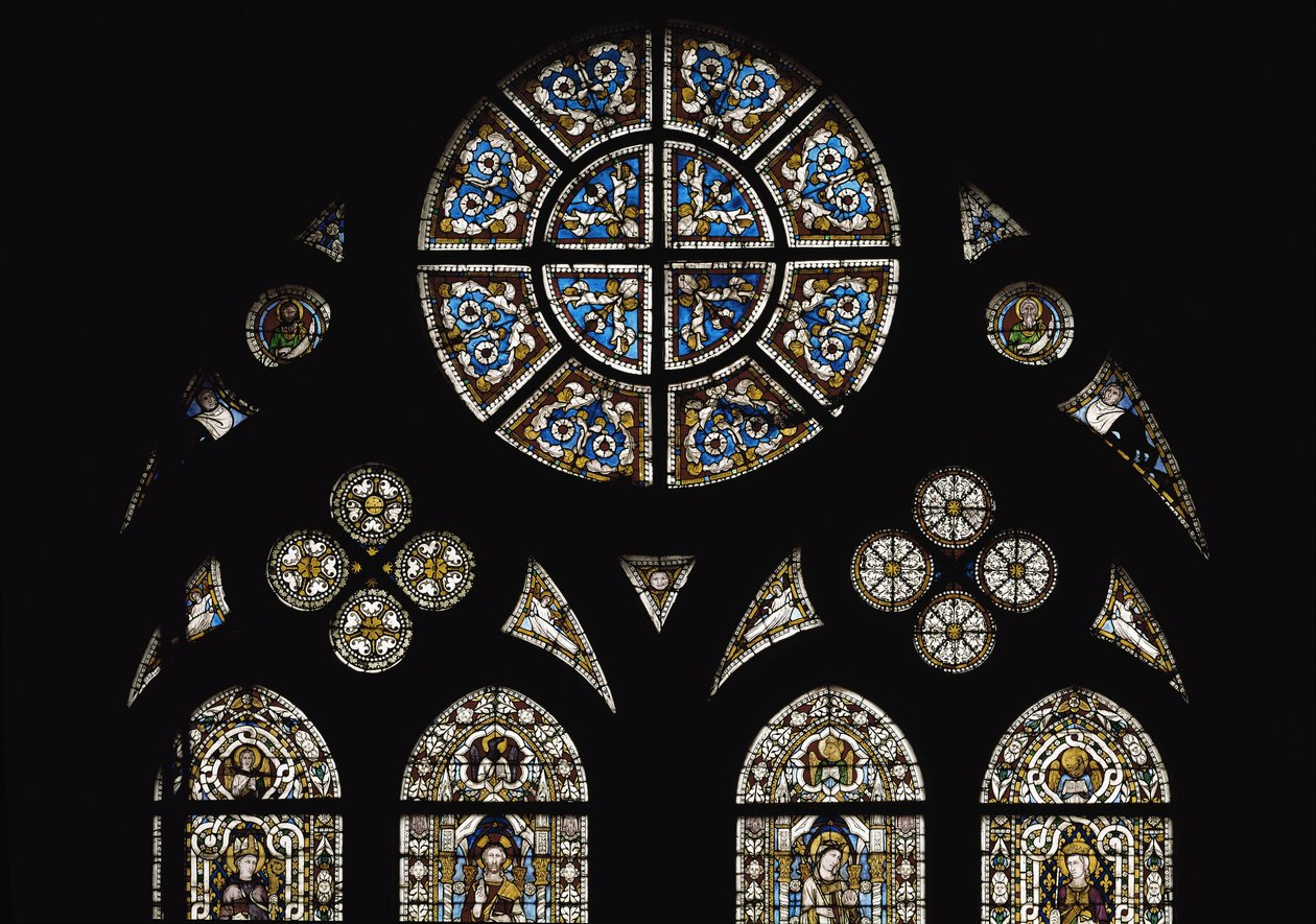 Evangelistlerin oval pencere sembolleri ile merkezi rozetin detayı - Vitray, Simone Martini (yaklaşık 1284-1344), cm. 570x400. Assisi Aziz Francis Bazilikası, Aşağı Kilise, St. Louis Şapeli, Assisi by Simone Martini
